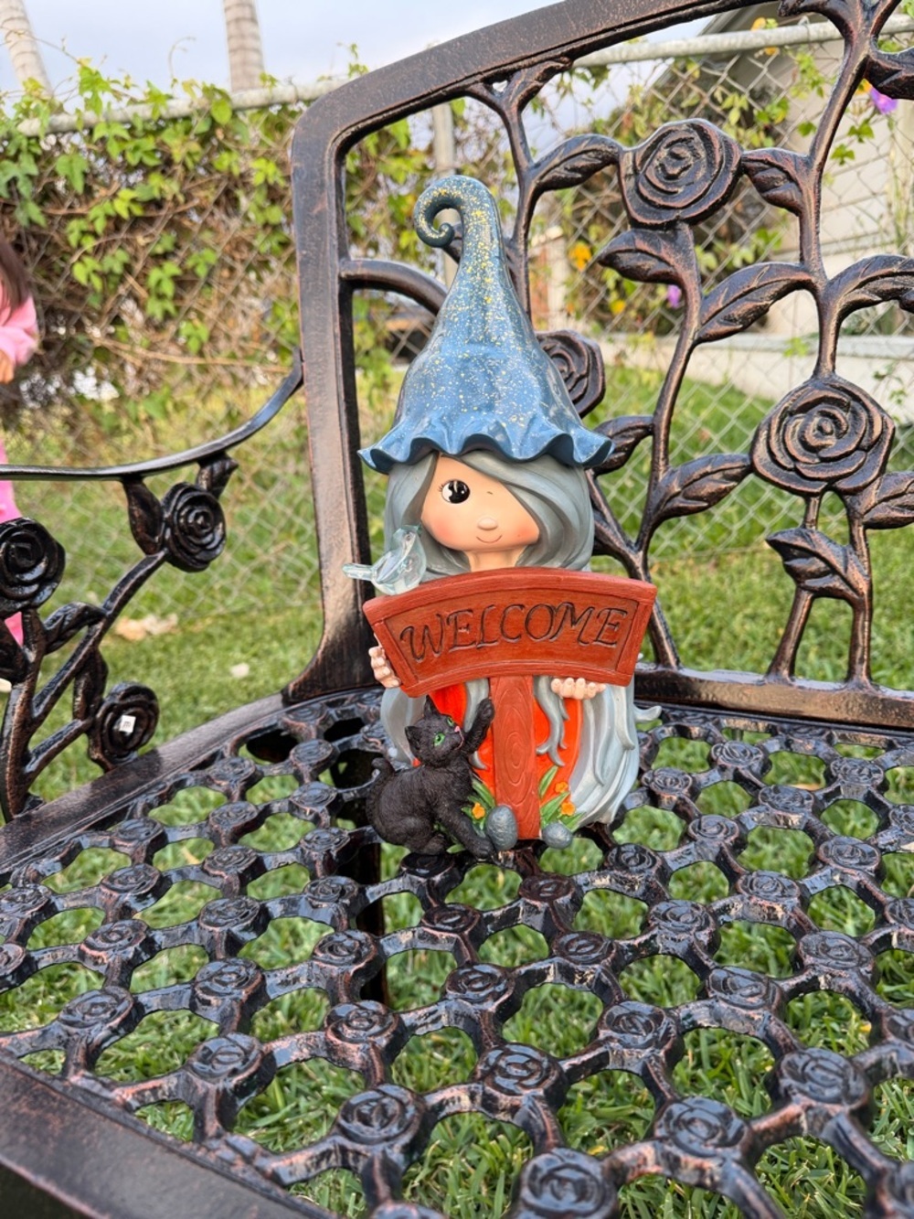 Whimsical Witch Figurine with Welcome Sign - Blue Hat, Orange Dress new